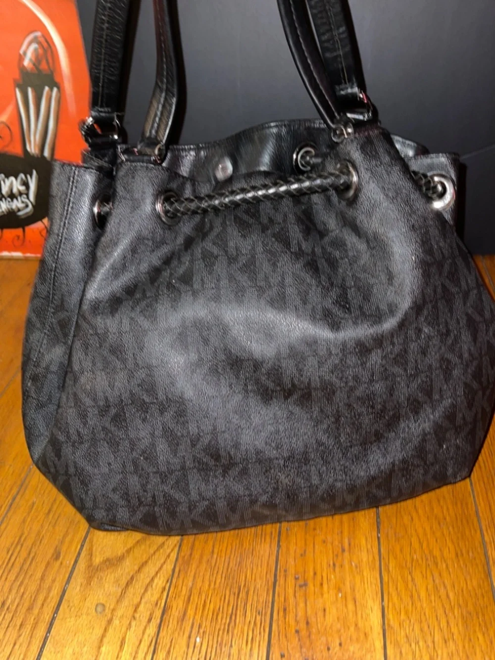 Michael Kors Black Drawstring Tassel Cinch Shoulder Bag.
